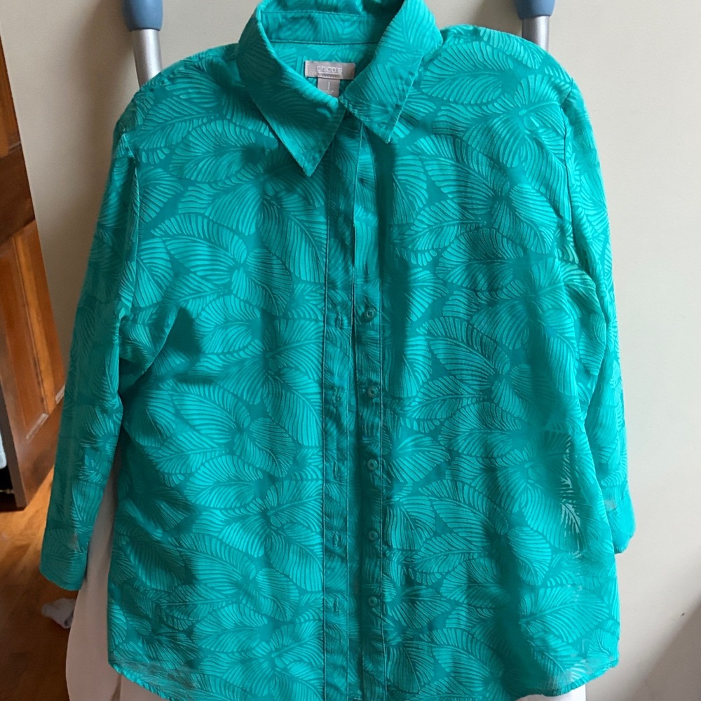 Teal Leaf-Print Button-Up Shirt